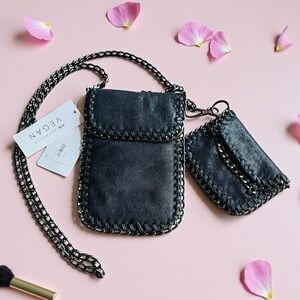 NWT Metallic Chain Décor Mini Crossbody Cell Phone Bag & wallet vegan suede